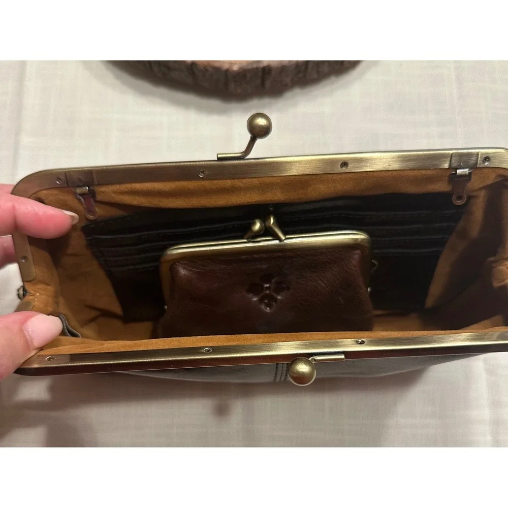 Patricia Nash Brown Leather Frame Clutch and Horse Coin Purse Set Kiss Lock